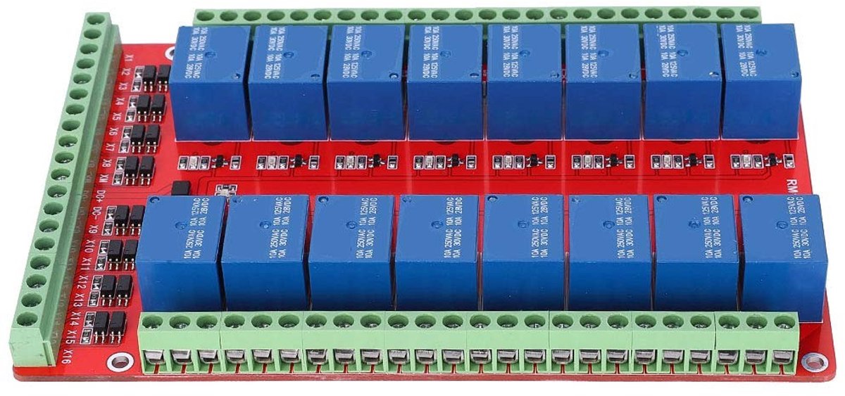 Jhubersproducts - 16-kanaals Relaismodule - Geïsoleerde Relaismodule - Hoge prestaties - DC 5/12/24V - Optocoupler - Geschikt voor automatisering - Mo