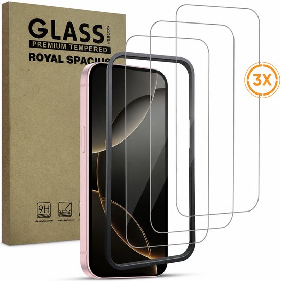 Emballage avec "GLASS PREMIUM TEMPERED ROYAL SPACIOUS" et un iPhone rose avec trois protecteurs d'écran à côté.