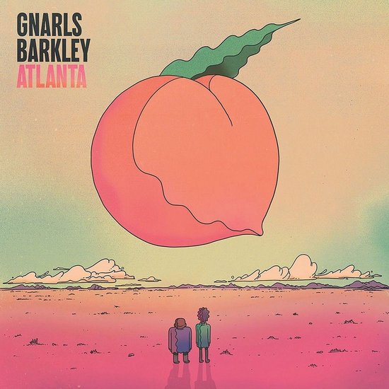 Album cover art van Gnarls Barkley's 'Atlanta' met een grote perzik boven een woestijnlandschap, met twee figuren die ernaar kijken.