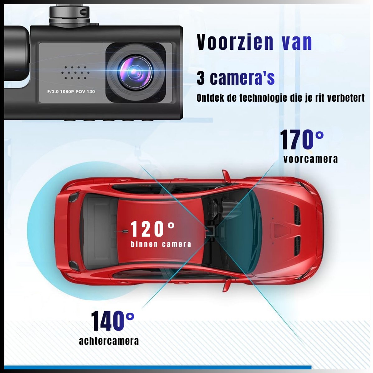 DYNA® Dashcam voor Auto voor en Achter - Achter Draadloos - HD Nig; ht Vision - Zwart- 10cm x 30cm x 5cm; 320 g – foto 3