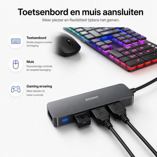 Hub USB Sounix noir à 4 ports, connecté à un clavier et une souris de jeu éclairés.