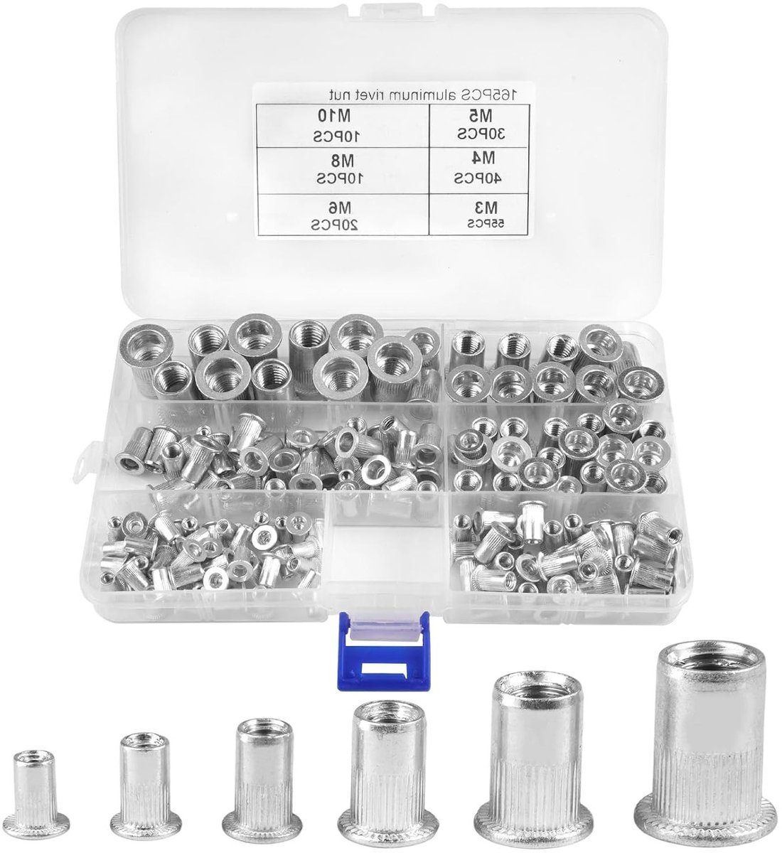 Complete Rivet Nuts Set van 165 Stuks - Aluminium M3 M4 M5 M6 M8 M10 - Ideaal voor Staalplaten, Houten Planken en Meubels met Opbergdoos