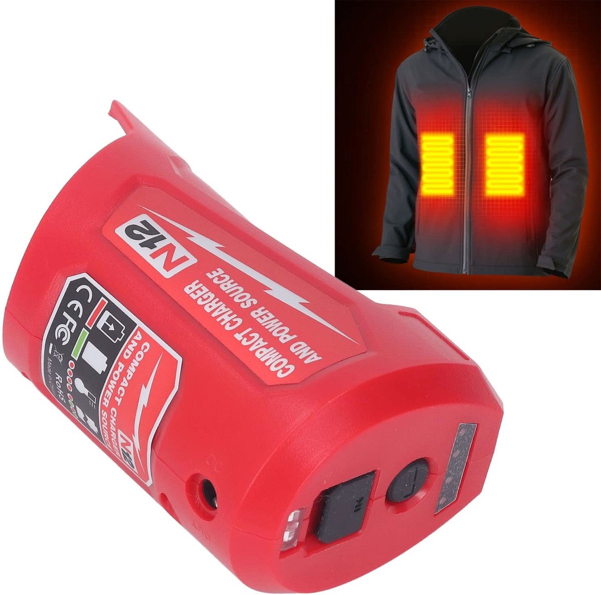 Vlemico - Compacte Batterijlader - 2 . 1A USB Oplader - Multifuntioneel - Geschikt voor M12 Batterijen - Ideaal voor Verwarmingsmantels