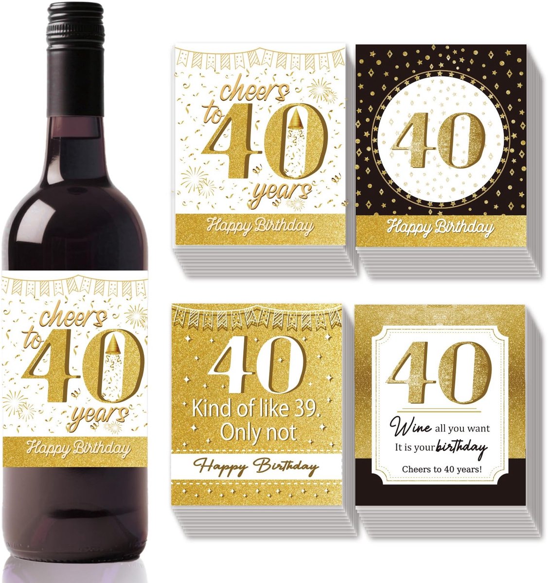 By shayne - Wijnetiketten - 40e verjaardag - Uniek cadeau - 10 sets met 4 stijlen - Happy Birthday - Voor feestelijke gelegenheden - Verjaardagswijn