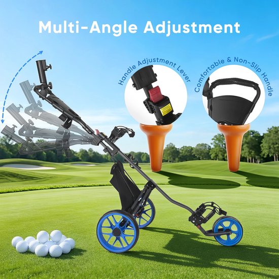 Miryx Golftrolley - Golfwagen - Golfcaddy - 3-wielige - In Hoogte Verstelbare - Opbergtas - Voetrem - Parapluhouder - Zwart/Blauw van Merkloos — afbeelding 5