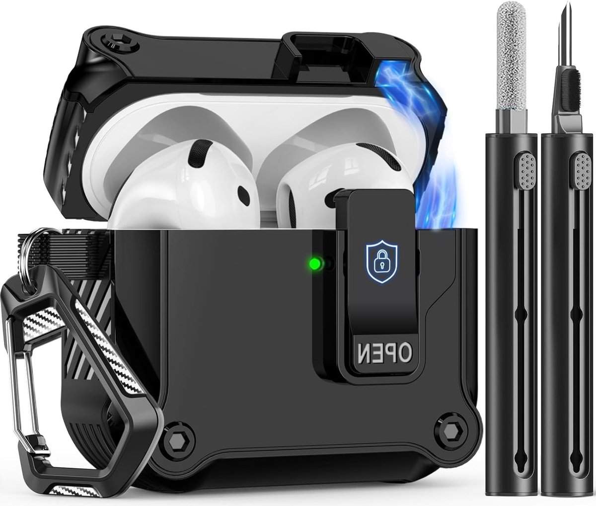 Compatibele Oplaadcase voor AirPods 4e Generatie met Schoonmaakset en Automatische Snap Switch - Zwart, Veilig en Duurzaam voor Jouw Nieuwe AirPods 4