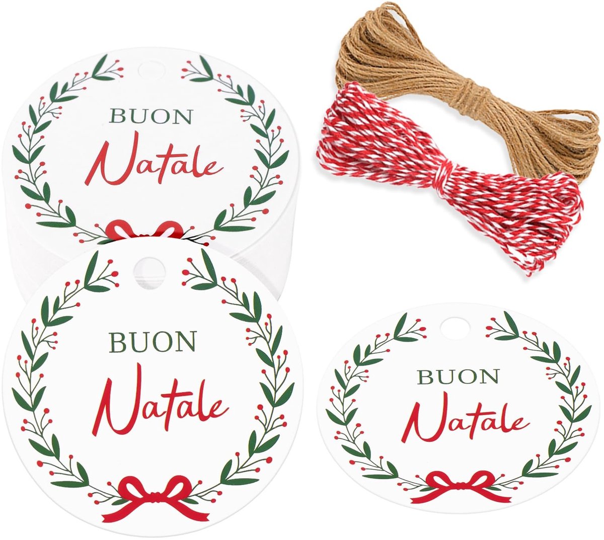 Dailygoods - Kerstcadeaulabels - Vrolijk kerstfeest - 100 stuks - Rond 5 x 5 cm - Etiketten met koord - Ideaal voor geschenkverpakking - Perfect voor