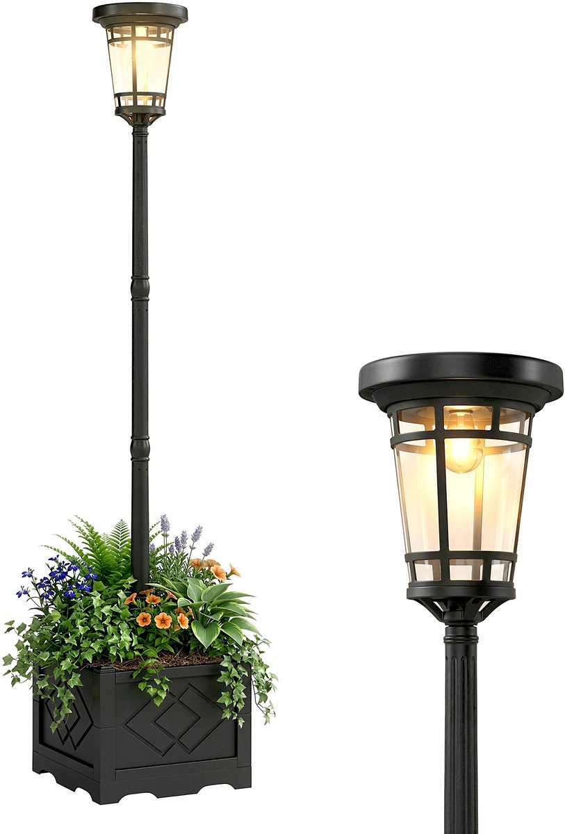 Outsunny Buitenlamp met Zonnepaneel-Kunststof-41,5L x 41,5B x 195H cm-Zwart