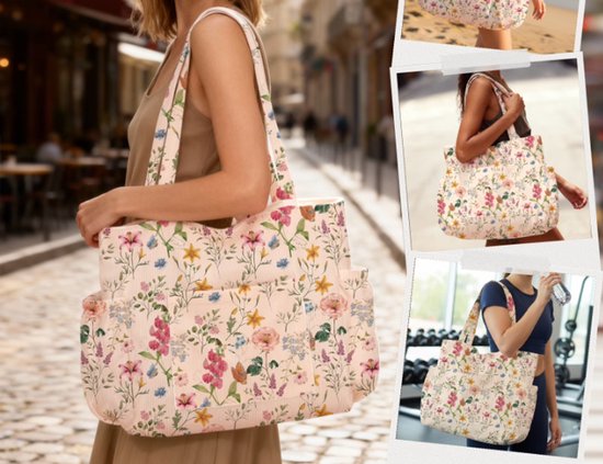 Femmes portant un sac de plage en velours côtelé avec un imprimé floral vintage de fleurs roses, rouges, jaunes et bleues sur fond crème à rayures verticales.