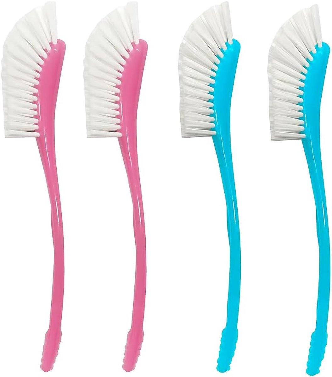 4 Piece Keukenborstel met Stevige Nylon Haren - Schrobborstel met Handvat - Vaatwasborstel voor Pannen, Potten, Gootsteen, Tafelgerei (Roze + Blauw)