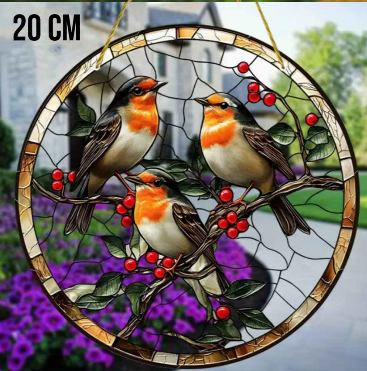 Allernieuwste.nl® Raamhanger Drie Levendige Roodborstjes – Perfect Cadeau - 20 x 20 cm