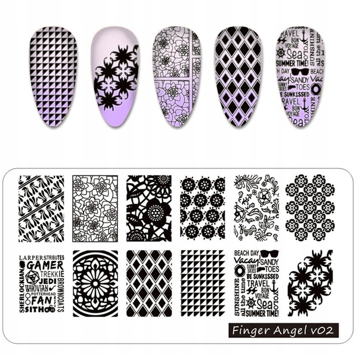 Born Pretty Finger Angel - Stempelpakket voor Nagels - V02 - Kwiatki - Napisy - Szachownica