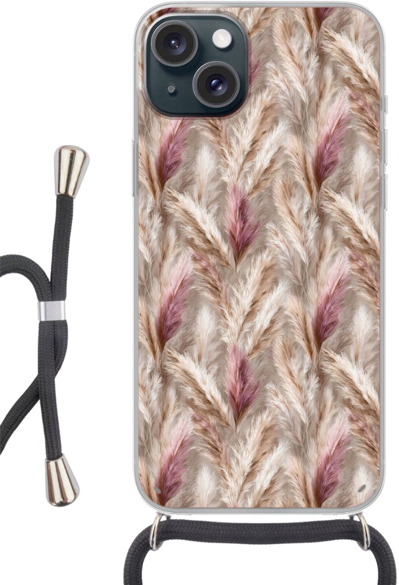 Telefoonhoesje Geschikt voor iPhone 15 - Pampasgras - Pluizig - Kleurrijk - Siliconen - Crossbody - Backcover met Koord - Telefoonhoesje met koord - Hoesje met touw Telefoonhoesje