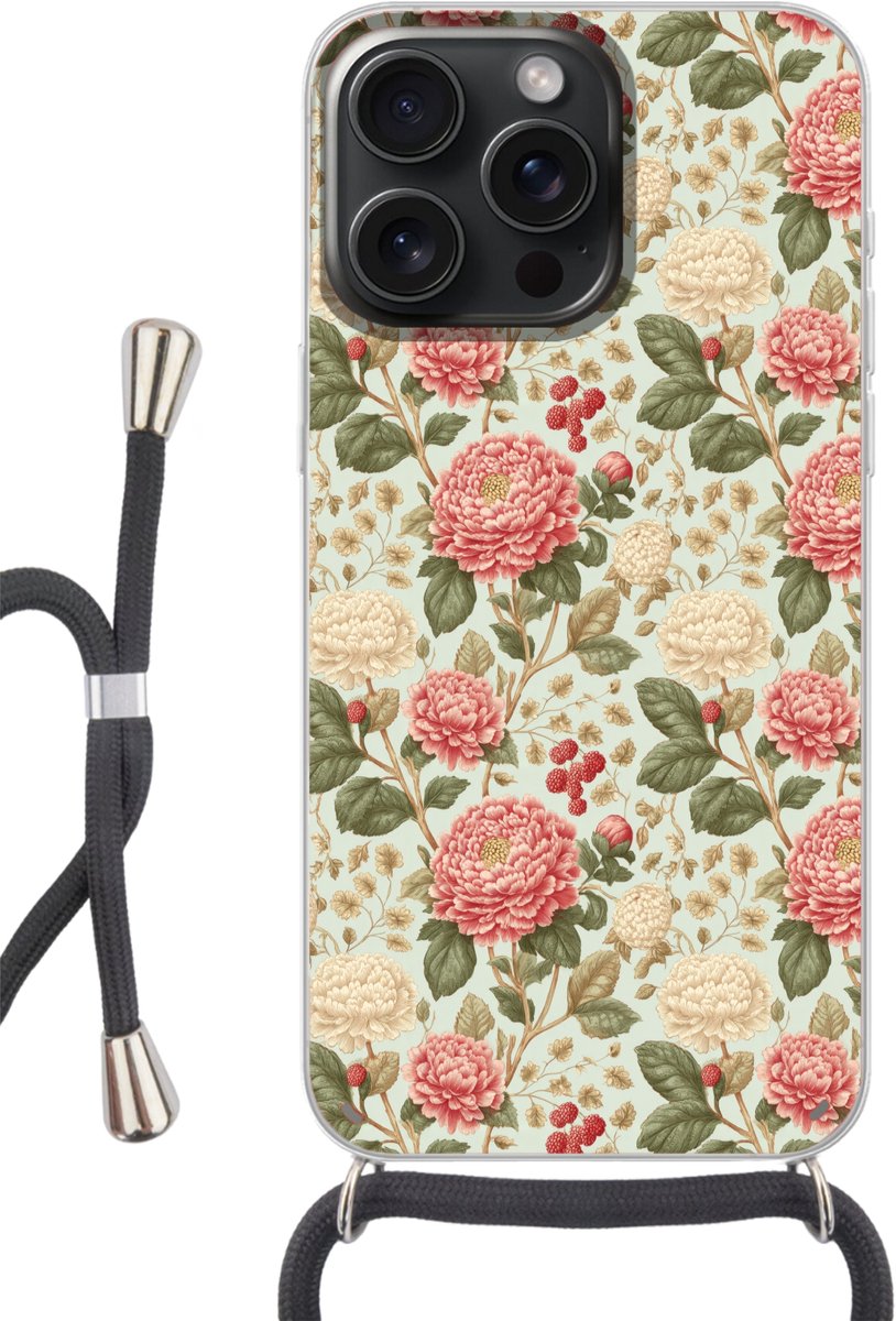 Telefoonhoesje Geschikt voor iPhone 15 Pro Max - Klassiek - Botanisch - Veelkleurig - Siliconen - Crossbody - Backcover met Koord - Telefoonhoesje met koord - Hoesje met touw Telefoonhoesje
