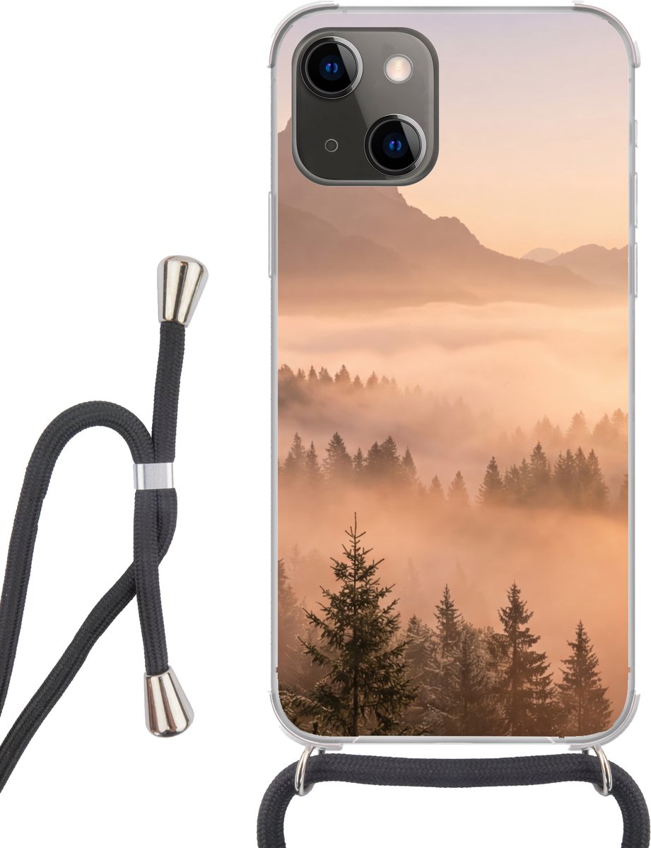 Telefoonhoesje Geschikt voor iPhone 13 Mini - Zonlicht - Mist - Bergen - Bomen - Siliconen - Crossbody - Backcover met Koord - Telefoonhoesje met koord - Hoesje met touw Telefoonhoesje