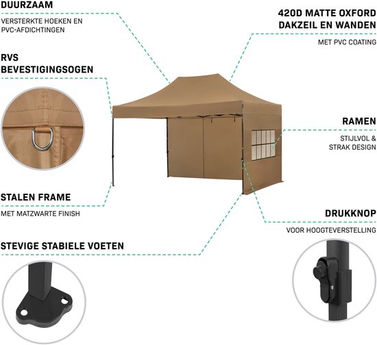 Detailfoto's van een bruine partytent: roestvrijstalen bevestigingsogen, stalen frame met matzwarte finish, stevige voeten, raamdetail en drukknop.