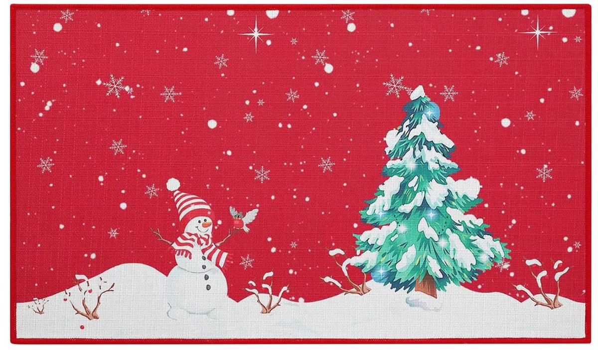 Happiq Kerst Deurmat - Voor Binnen & Buiten Entree - Vrolijk Kerstfeest Sneeuwpop Design, Antislip Tapijt - 50x80 cm, Kerstdecoratie - Rood Red