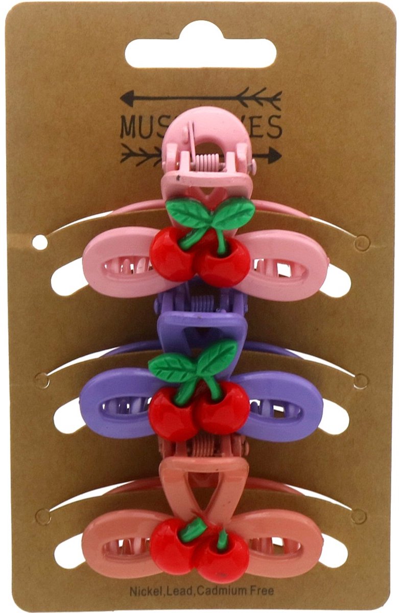 Haarklem - kersen - assorti kleuren - 4,5 cm - 3 stuks