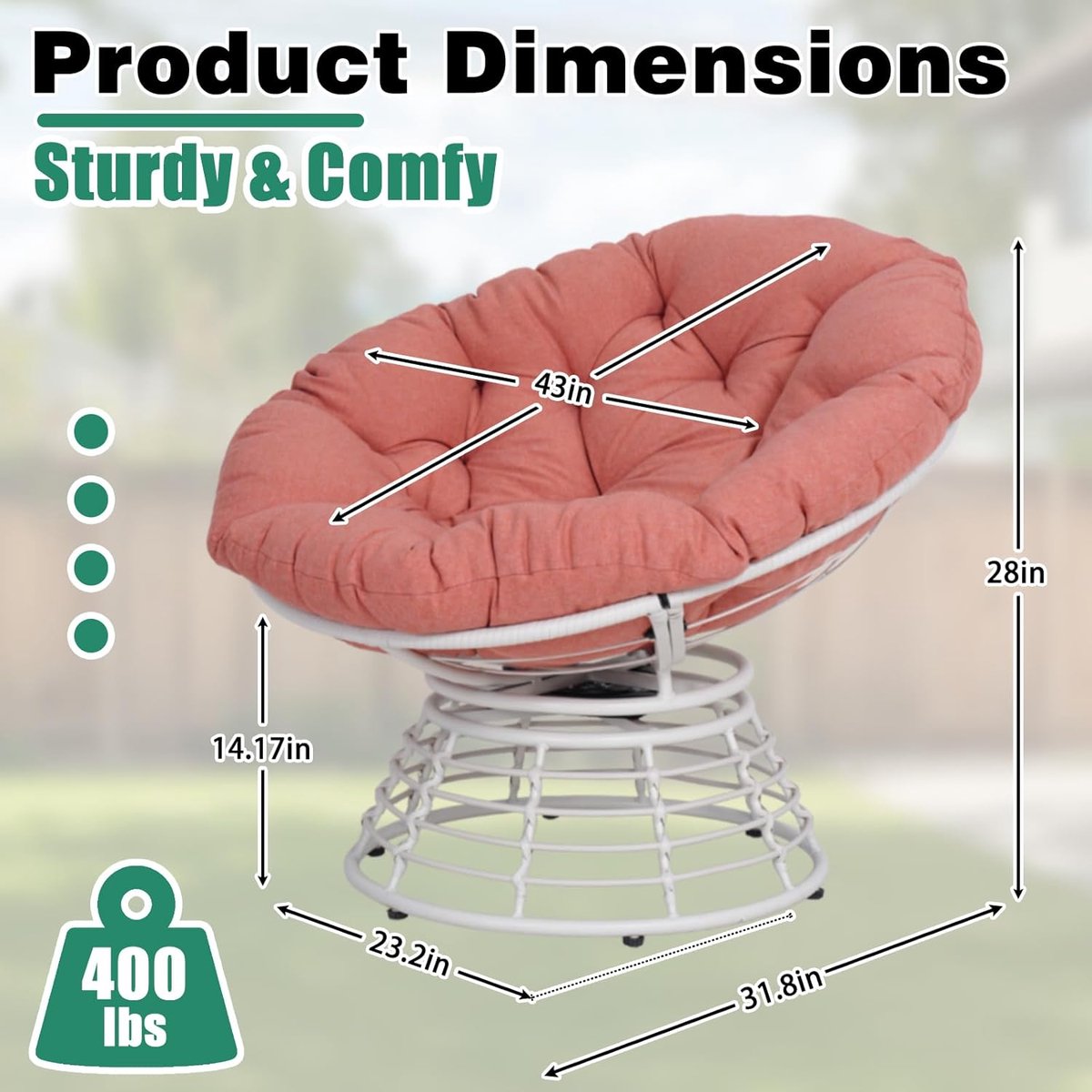 Papasan Stoel – Meuble Paris 360° Draaibare Lounge Stoel met Dik Kussen – Ergonomische Ronde Rieten Kuipstoel – Moderne Relaxstoel voor Woonkamer, Slaapkamer & Leeshoek – Wit Frame met Oranje Kussen