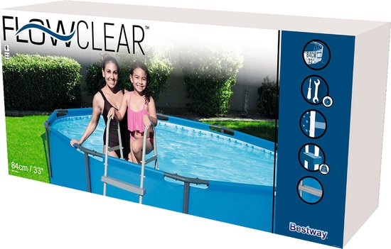 Verpakking van het Flowclear zwembad met 2 meisjes bij een blauw zwembad met grijze ladder.
