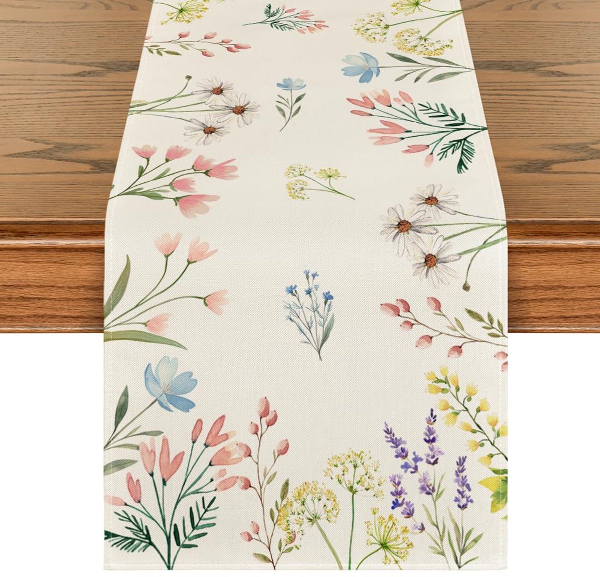 Bloemen tafelloper – Tafelloper – tafellopers textiel - Placemat – 33x180 cm – Linnen – Beige