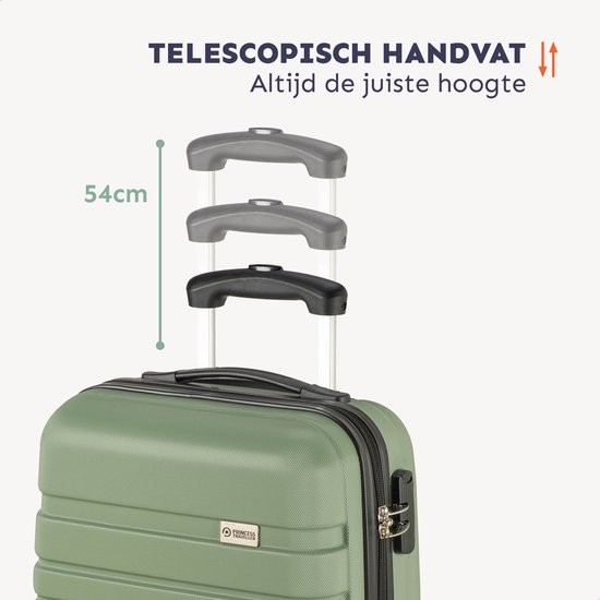 Uitsnede van de groene koffer die de uitschuifbare handgreep toont in drie standen.