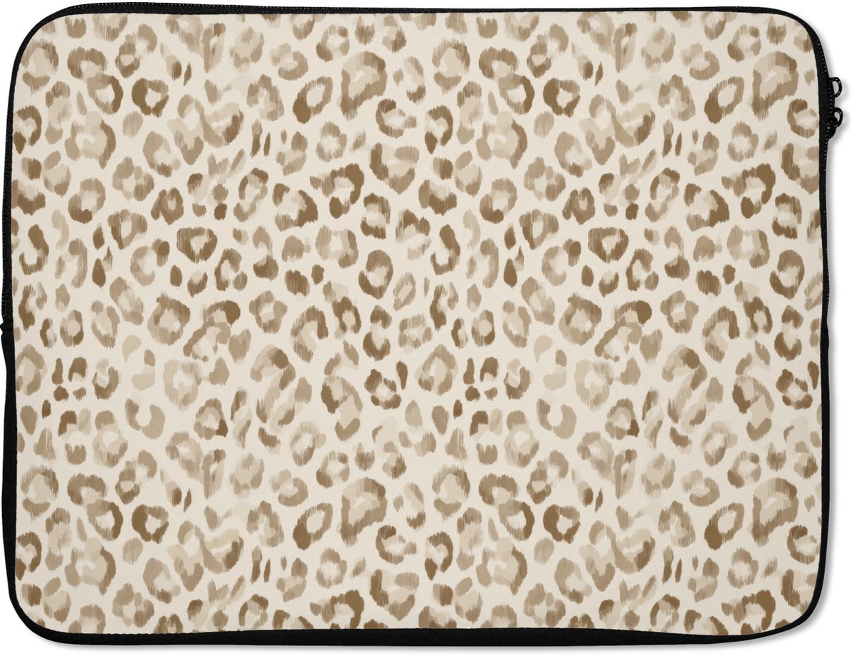 Laptophoes 15.6 inch - Luipaard - Klassiek - Beige - Laptop sleeve - Binnenmaat 37x26 cm - Zwarte achterkant
