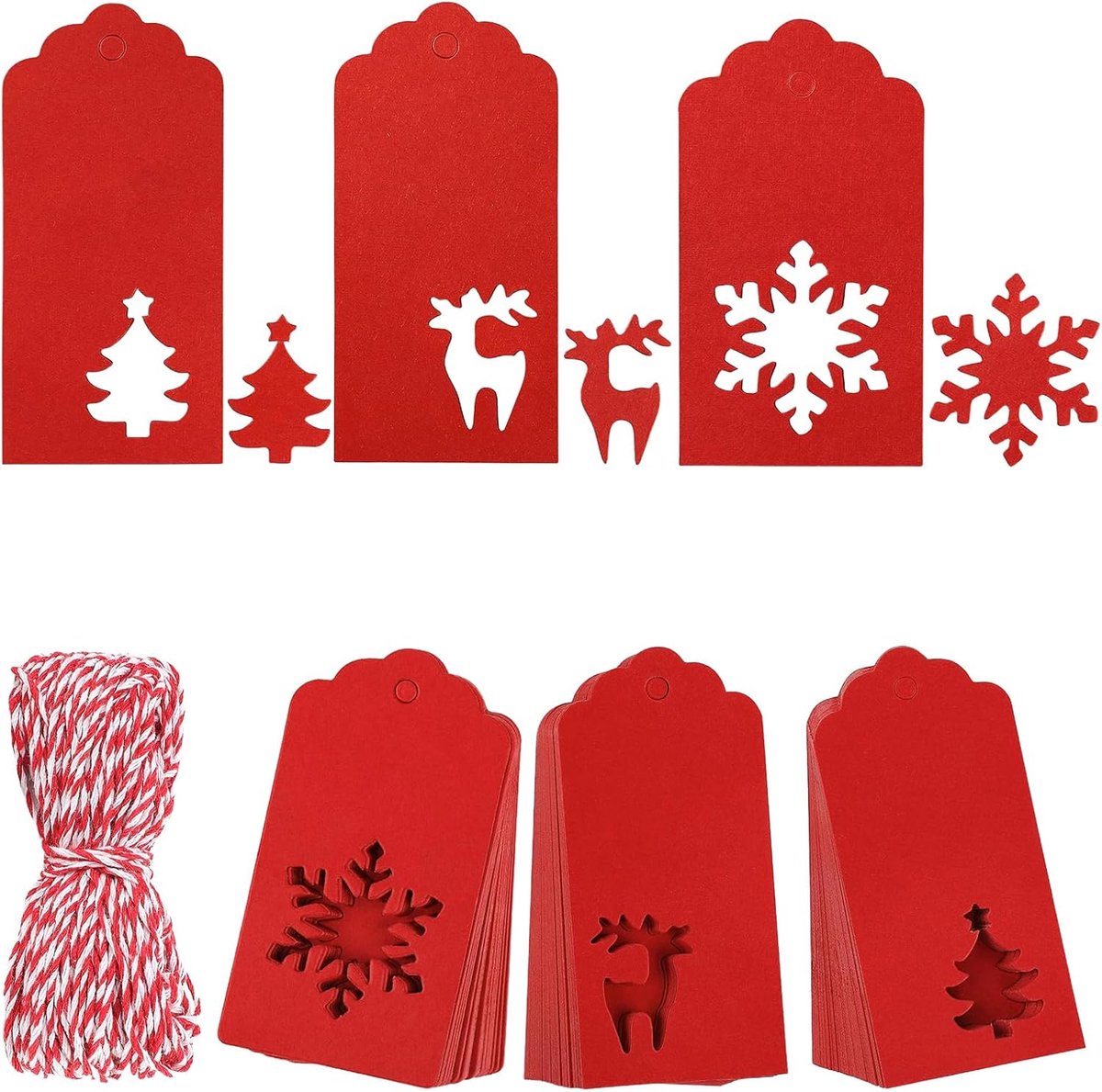 150 Vellen Cadeaulabels Kerstboom Sneeuwvlokken Rendieren Kraftpapier Labels Hangers Tags met Jute Touw voor DIY Kerstcadeaus Feestdecoratie - Grootverpakking - Handgemaakt