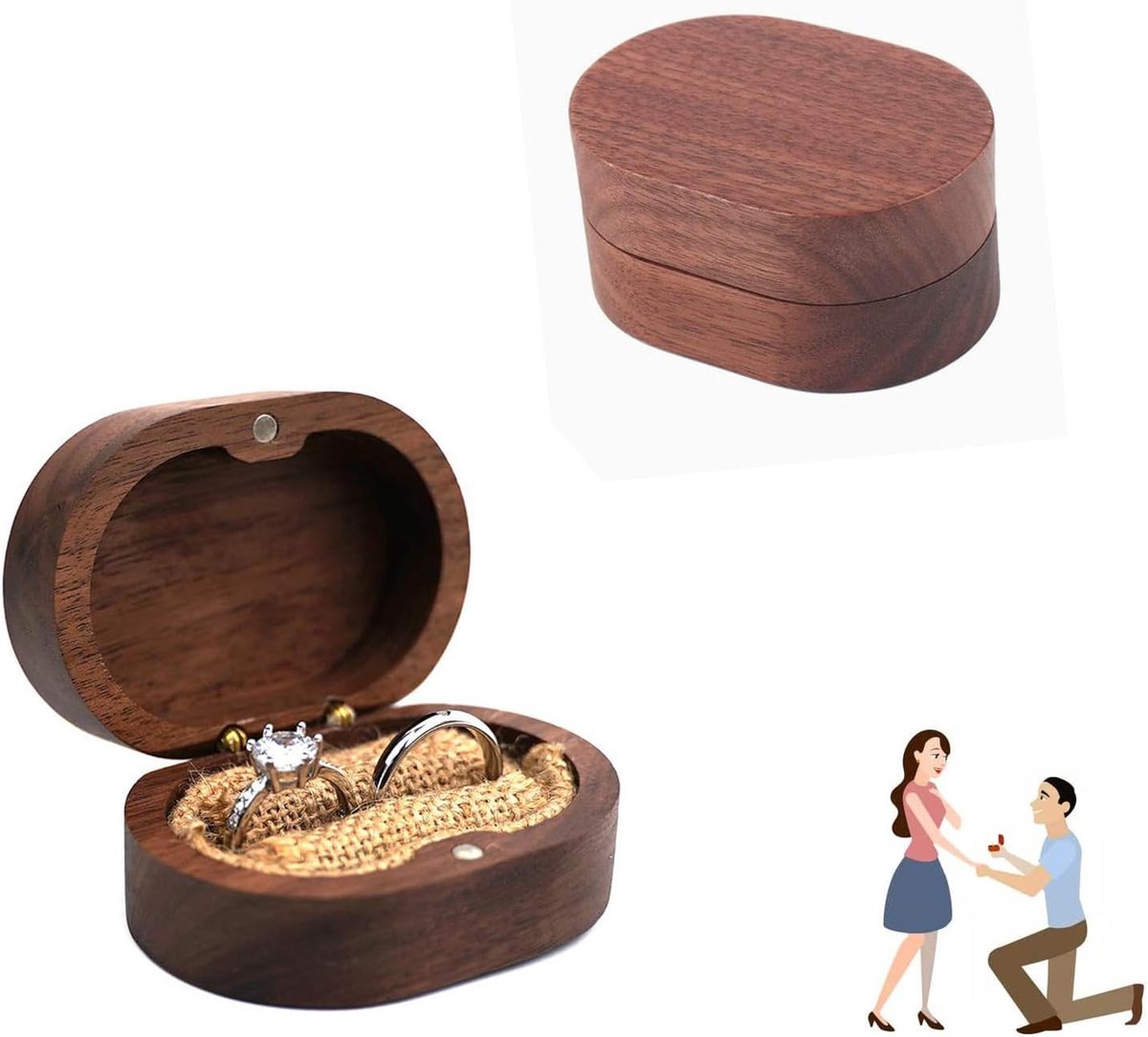 Houten ringdoos - vintage ringdoos - walnoten ringdoos - ovale ringdoos voor huwelijksaanzoek - sieraden doos voor bruiloft - ceremonie - verloving