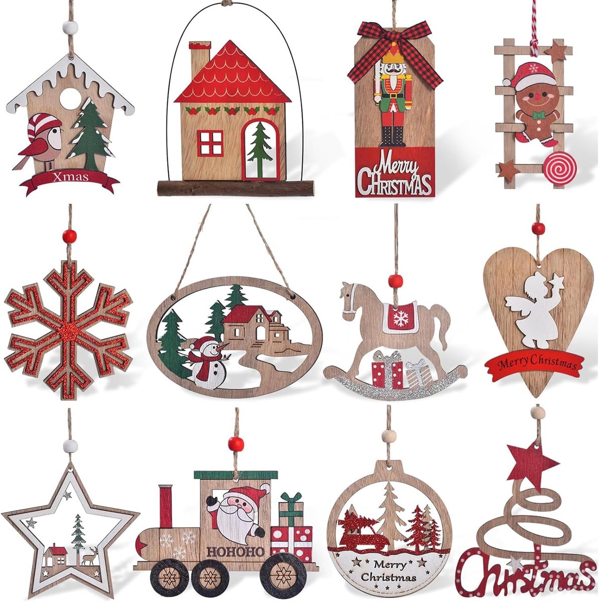 Houten Kerstdecoratie - 12 Stukken - Houten Hangers - Kerstboomdecoraties - Houten Hangers voor Kerstboom - Kerst Hangers - Kerstversiering voor Kerst