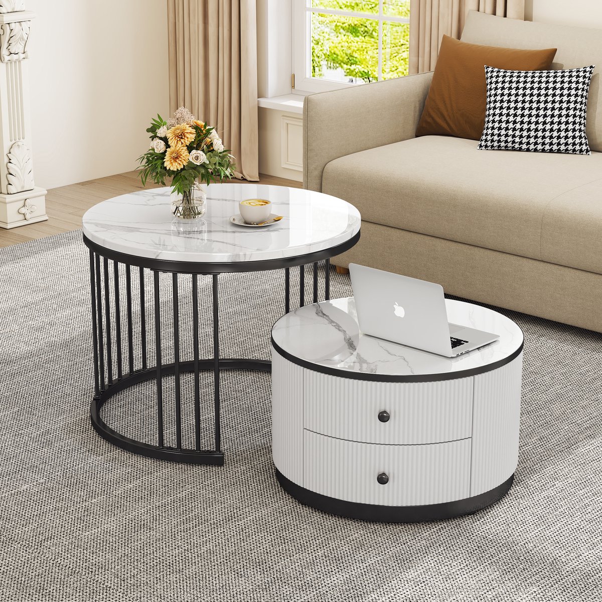 MIVRAY Salontafelset - Ronde Nesttafels Met Marmerlook En 2 Laden - Voor Woonkamer - MDF - Wit Zwart - 60 En 50 Cm