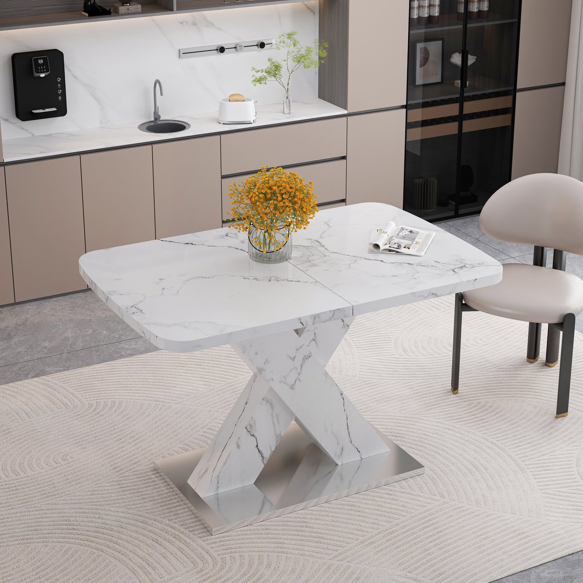 MIVRAY Eettafel - Uitschuifbaar Rechthoekig Design Voor Eetkamer - Marmerlook Blad Met X-P