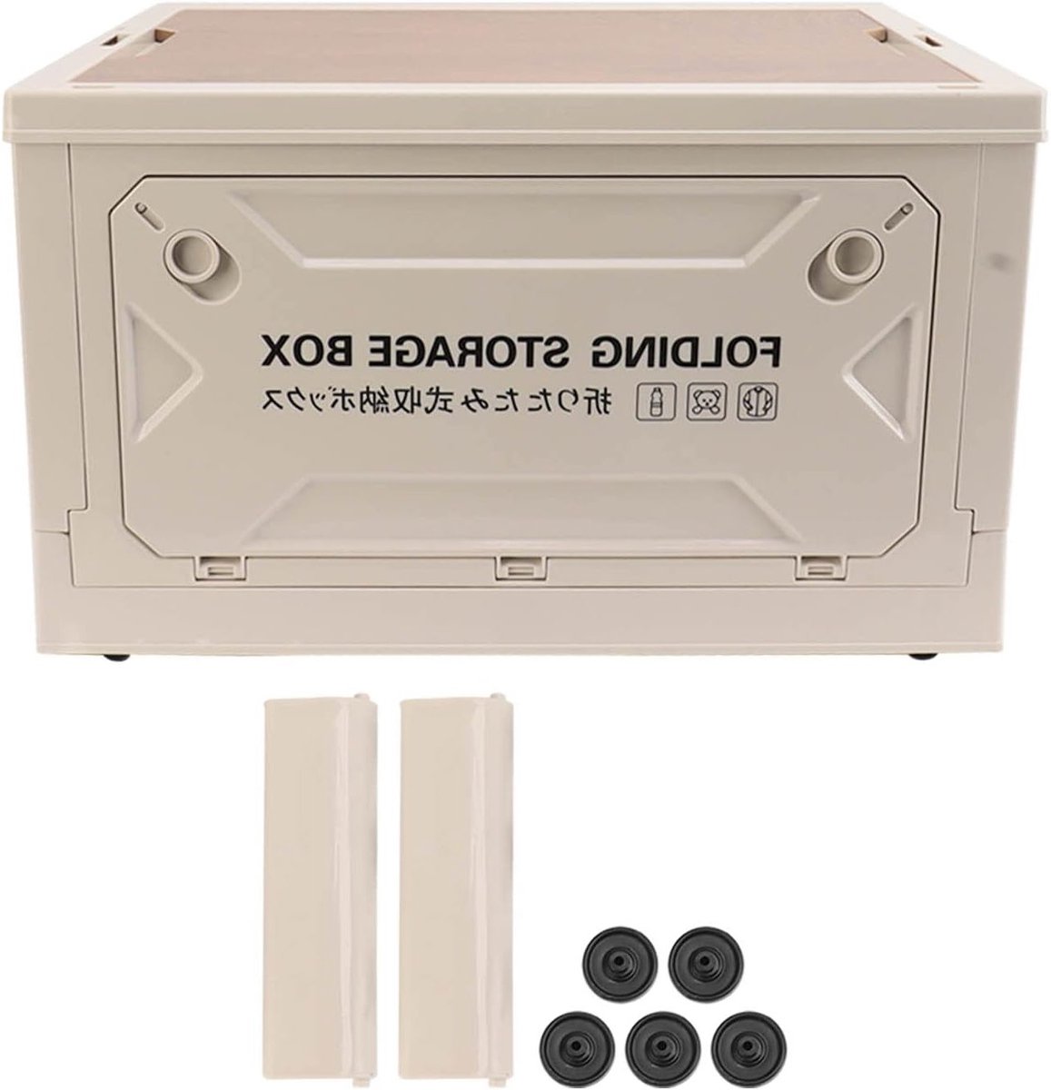 Campingopslagbox met Houten Deksel, 50 Liter, Vouwbare Organiser met 4 Wielen voor Auto, Kamperen en Picknicken, Grijs-Wit