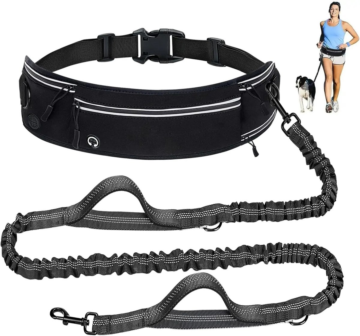 Innovastore Hondenriem - Loopriem - Hondentuig - Honden uitlaatriem - Tailleriem hond - Flexibel - Reflecterend - Zwart