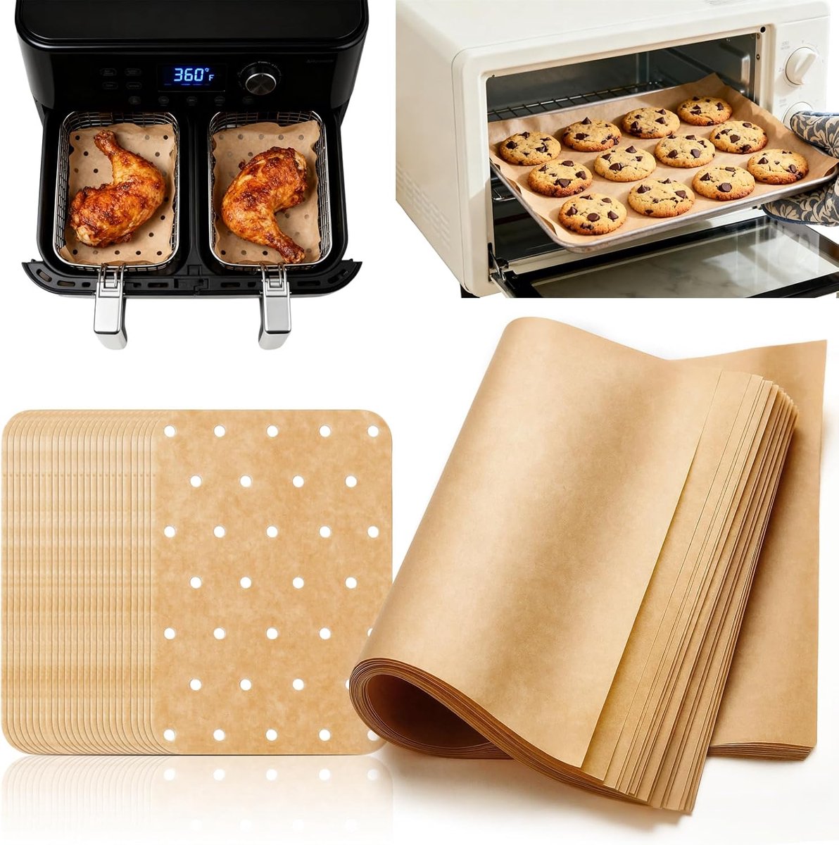 200 Vellen Ongebleekt Bakpapier Set - Voorverpakt & Geperforeerd voor Airfryer en Oven