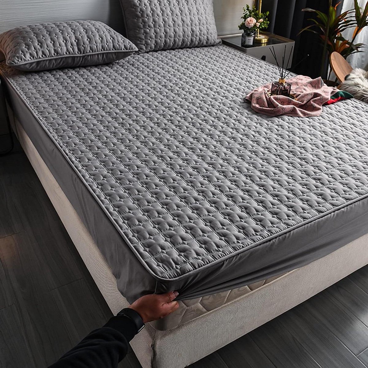 Spreien Bladeren Grijs Gewassen Katoen Hoeslaken Matrasovertrek Bedlaken (80 x 200 cm/Hoog 5-15CM)