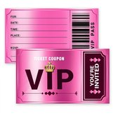 Roze VIP-ticket uitnodigingen met 'TICKET COUPON' en 'YOU'RE INVITED', met invulvelden.