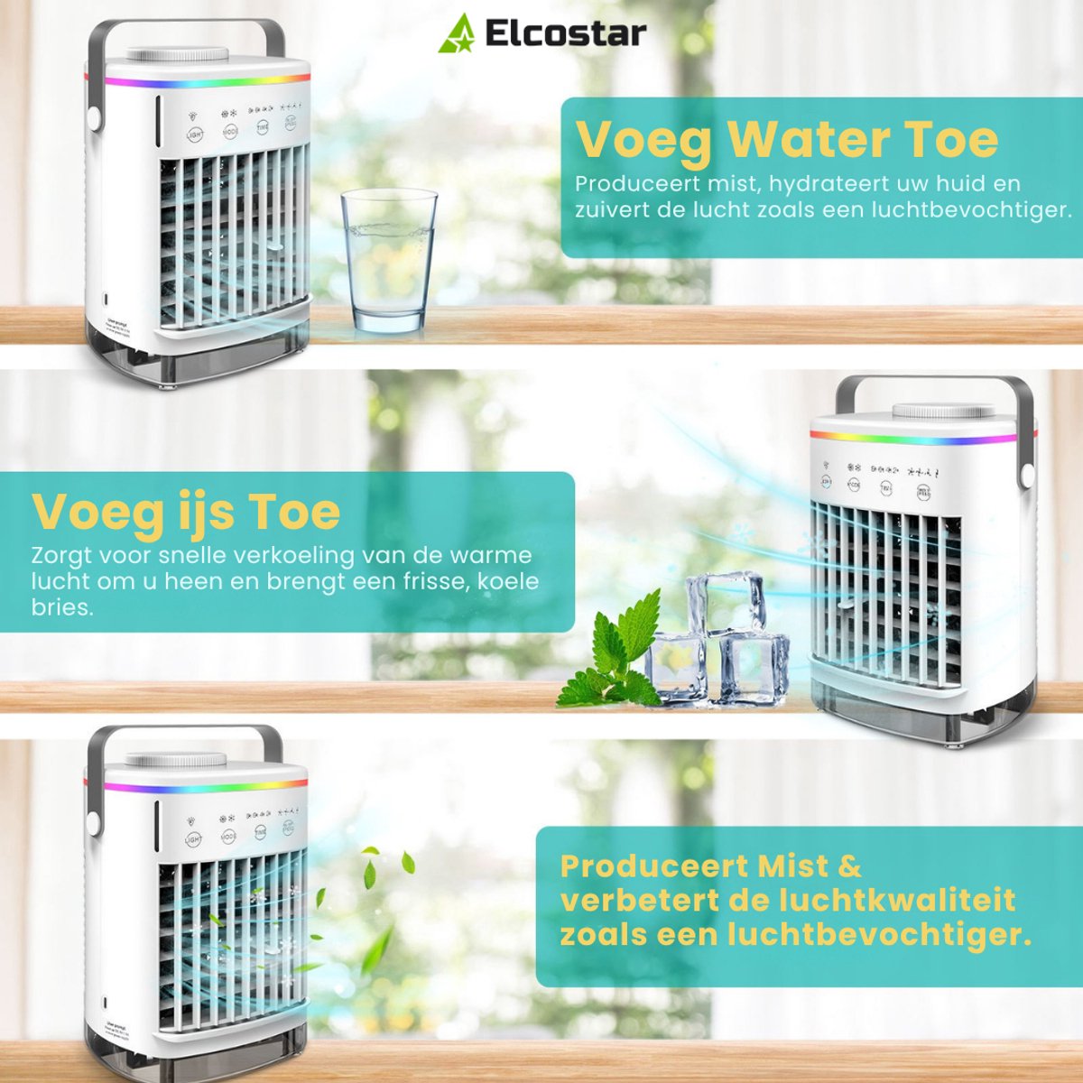 Elcostar® Premium Portable Airco - Mini Airco - 2026 Model - Mobiele Airco - Luchtkoeler 4-in-1 - 4 windsnelheden, 2 luchtbevochtingsstanden & Timer - Aircooler - Draagbare Airco - Lekvrij - Airco - Wit thumbnail 8