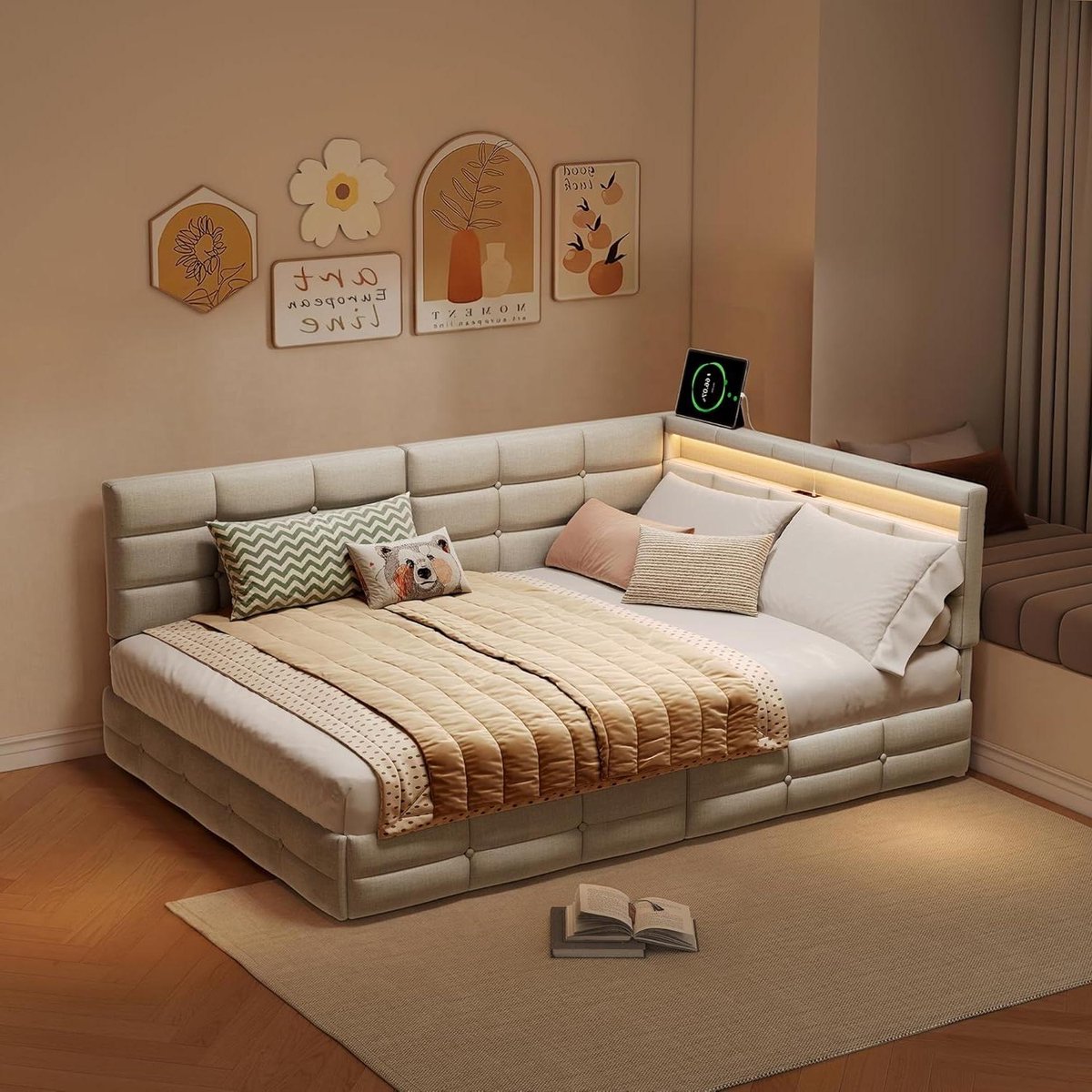 Gestoffeerd tweepersoonsbed - Bankbed dagbed - Moderne slaapkamerinrichting - Geïntegreerde USB en LED - 140 x 200 cm - Beige