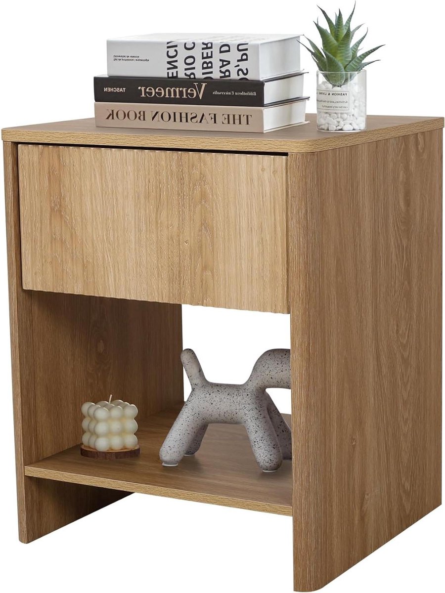Nachtkastje Hout - Bijzettafel Slaapkamer - Spullen Opbergen - Golfvormig Tafelblad - 50 x 35 x 565 cm - Natuurhoutkleur