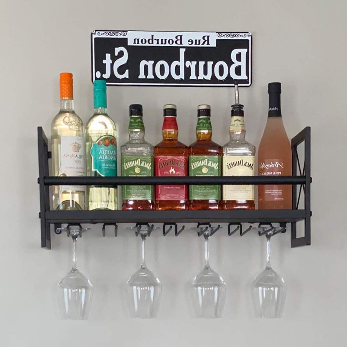 Wijnrek Wandmontage - Drankhouder Plank - Wijn Opslag - Met Glazenhouder - 60 cm Breed - Zwart