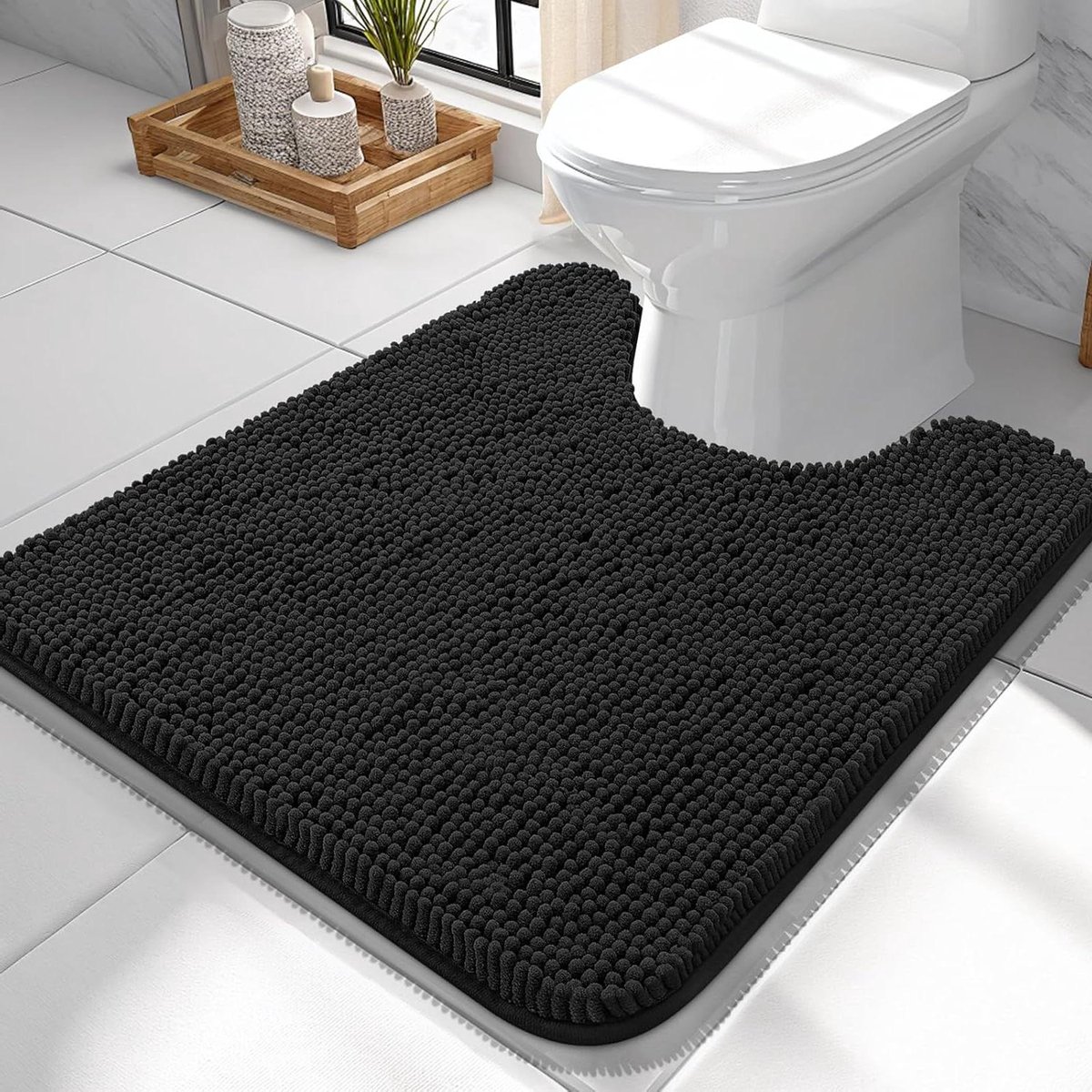 U-vormige Badmat - Toilet Tapijt Contourmat - Badkamer Comfort - Extra Zachte Chenille - 61 x 61 cm - Zwart