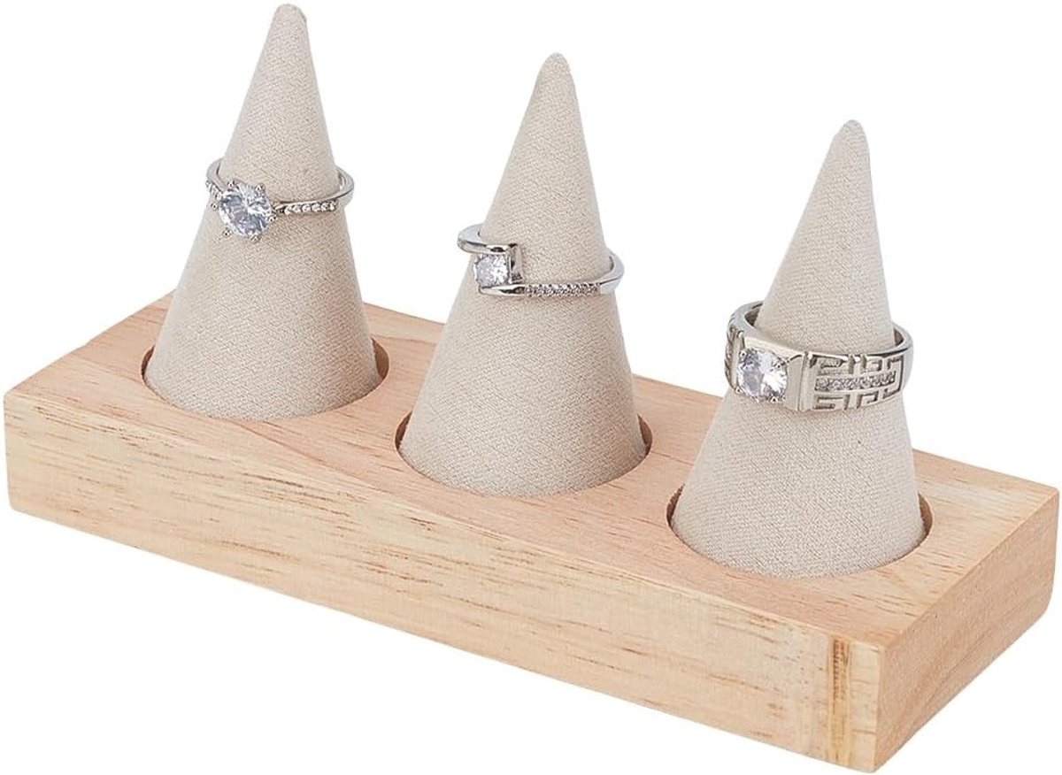 Houten Ringhouder met 3 Cones en Velvet, Sieraden Display voor Trouwringen, Decoratie en Tentoonstelling voor Vrouwen