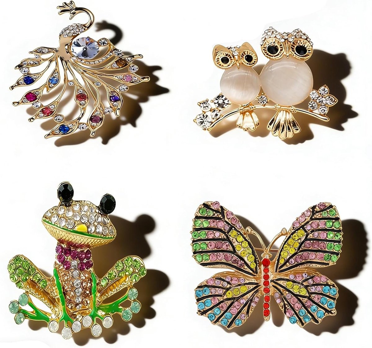 Kleurrijke Dierenbroches Set, Kristallen Pins en Groene Emaille Parels, Perfect voor Kledingdecoratie en Accessoires