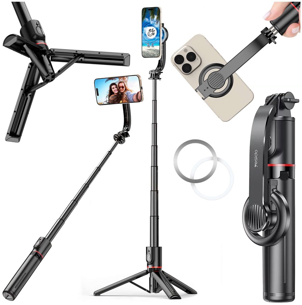 YESIDO SF19 magnetische selfie stick met tripod en bluetooth afstandsbediening - uitschuifbaar tot 105,5 cm - zwart