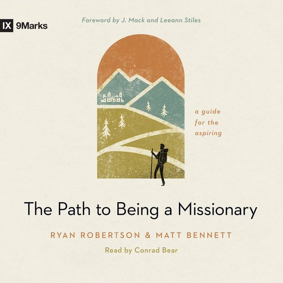 Boekillustratie van een silhouet van een rugzakdrager die een pad bewandelt met bergen op de achtergrond. Titel: The Path to Being a Missionary.