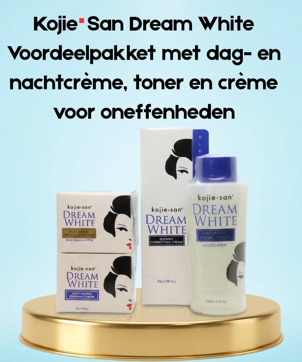 Kojie San Dream White Voordeelpakket – Dag- & Nachtcrème, Toner & Blemish Cream – Complete Verhelderende Huidverzorgingsset – Verminderde Donkere Vlekken, Egaliseert de Huidtint & Ondersteunt een Gladde, Stralende & Gezonde Huid