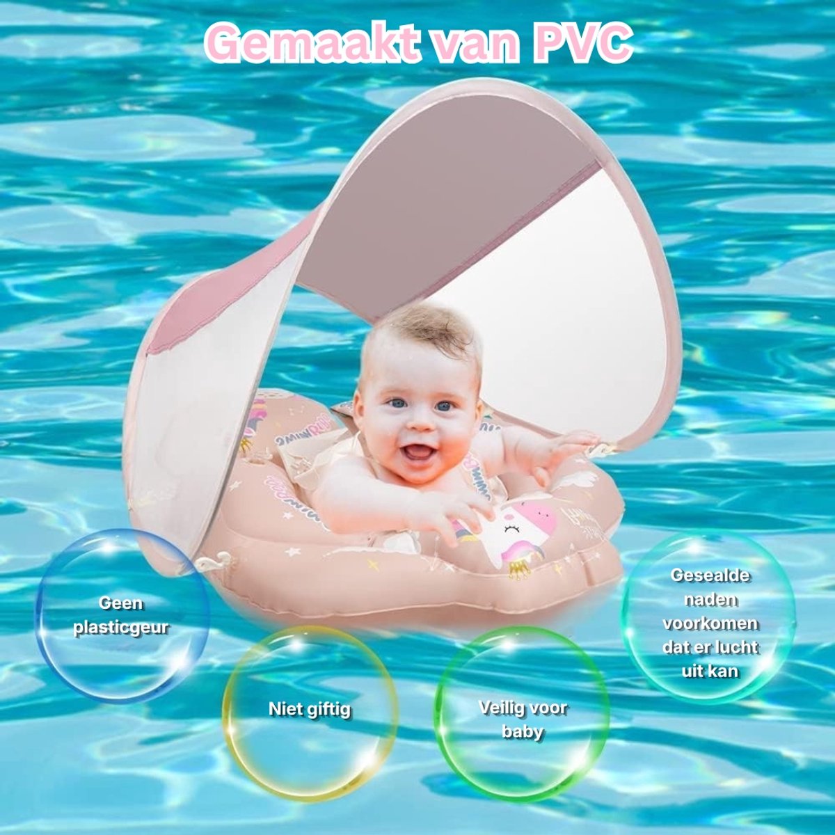 Opblaasbare zwemvlotter voor baby's - Baby Zwemring met Verwijderbaar Zonnekapje - zwemband - zwemtrainer - voor leeftijd 6 - 30 maanden - babyfloat - roze — afbeelding 6