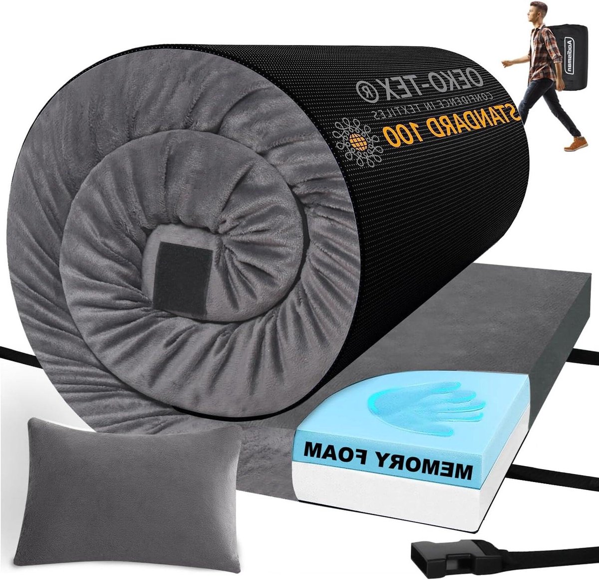 Slaapkussen Traagschuim - Campingmatras Oprolbaar - Comfortabel Slapen Buiten - 3 Inch Dikke Ondersteuning - 183x61x7.6 cm - Grijs