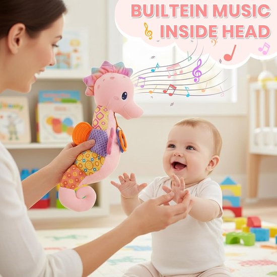 Babyspeelgoed Zeepaardje - Knuffeldier Rammelaar - Baby Ontwikkeling Stimuleren - Meerdere Geluiden Texturen - 19.8 cm - Roze — afbeelding 3